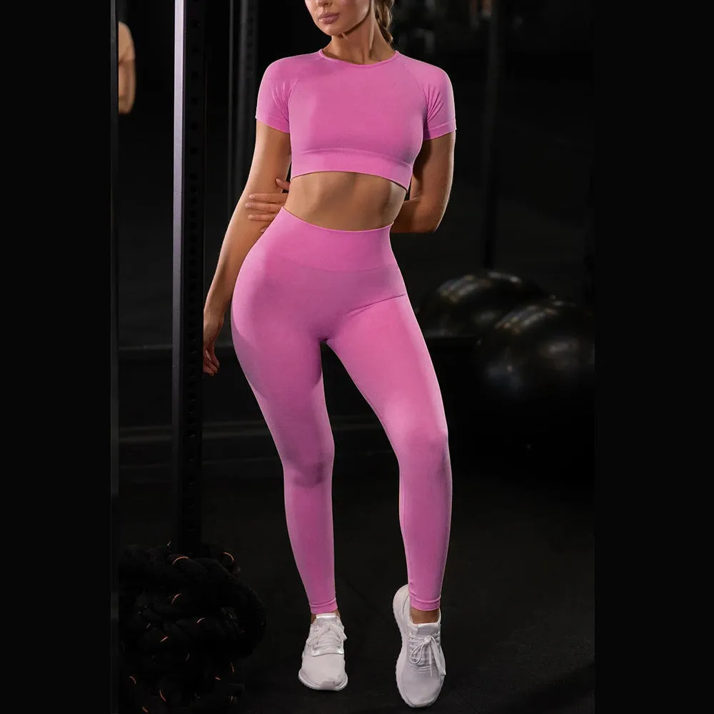 Seamless Yoga Sport Set Fitness Women Running Leggings Short Sleeve Tops trendy