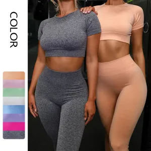 Seamless Yoga Sport Set Fitness Women Running Leggings Short Sleeve Tops trendy
