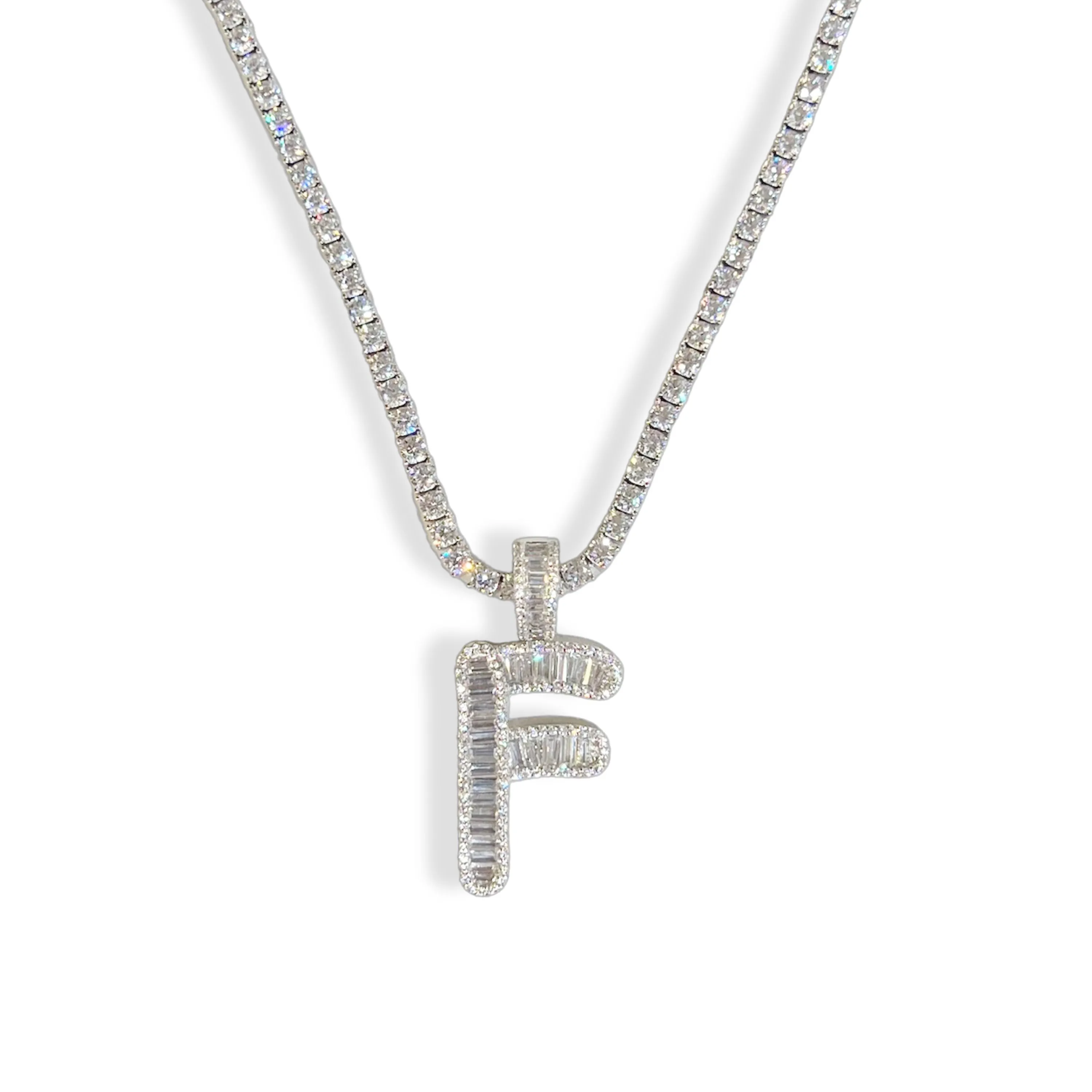 SILVER ICY INITIAL BAGUETTE TENNIS necklace