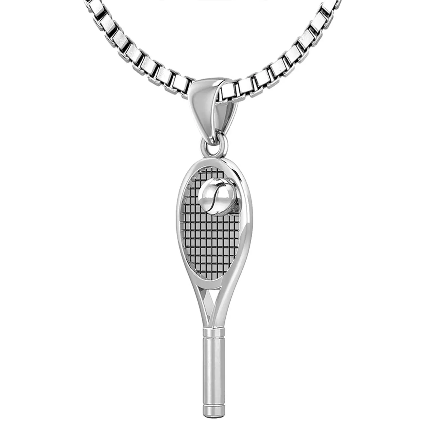 Small 925 Sterling Silver 3D Tennis Racket & Ball Pendant Necklace, 27mm
