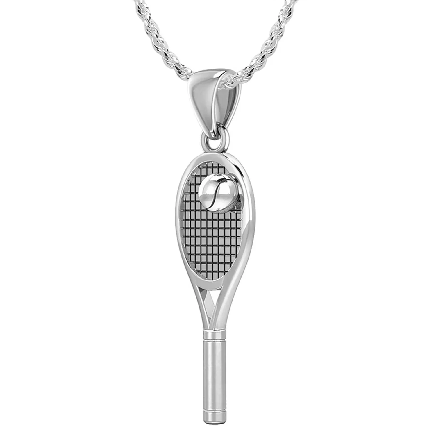 Small 925 Sterling Silver 3D Tennis Racket & Ball Pendant Necklace, 27mm