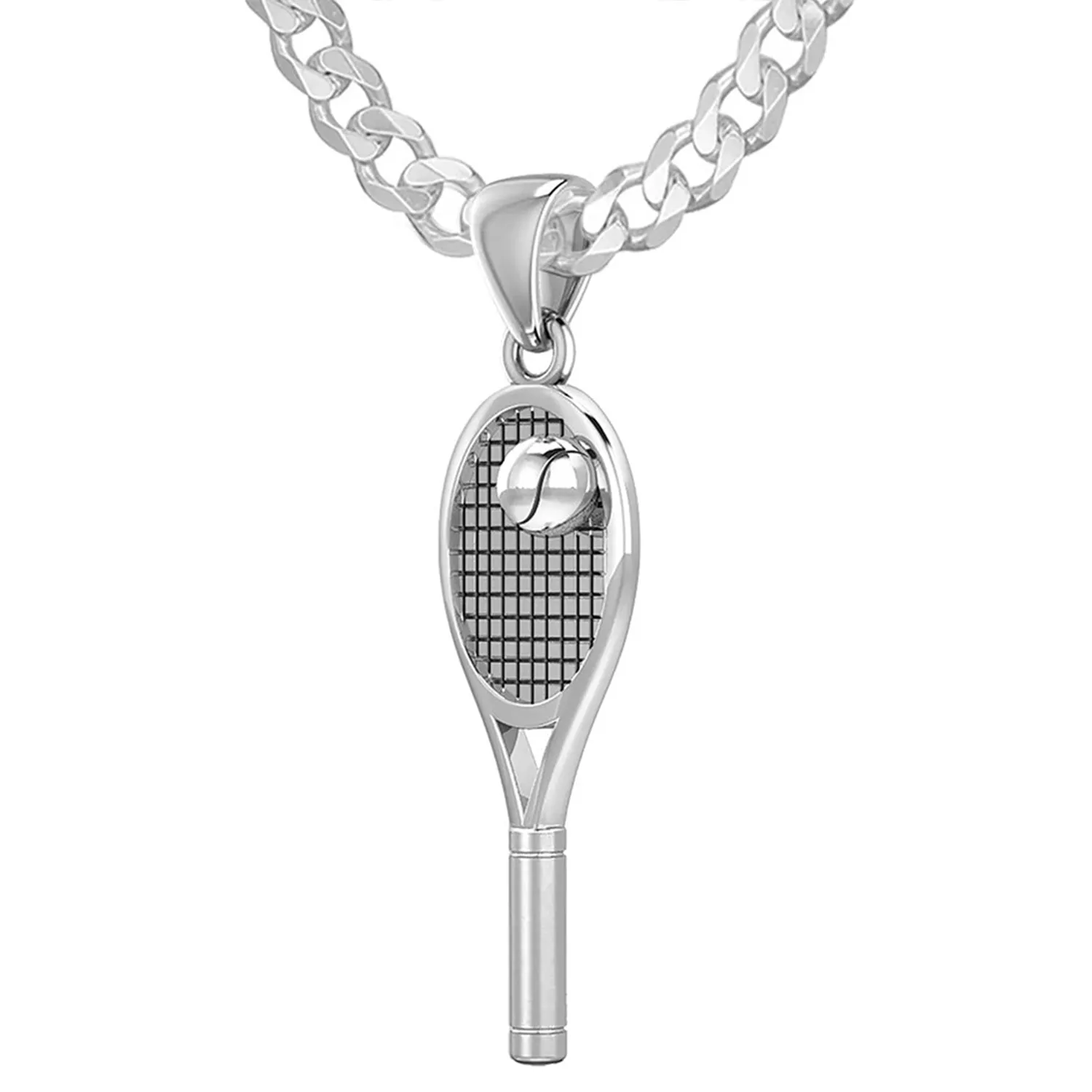 Small 925 Sterling Silver 3D Tennis Racket & Ball Pendant Necklace, 27mm