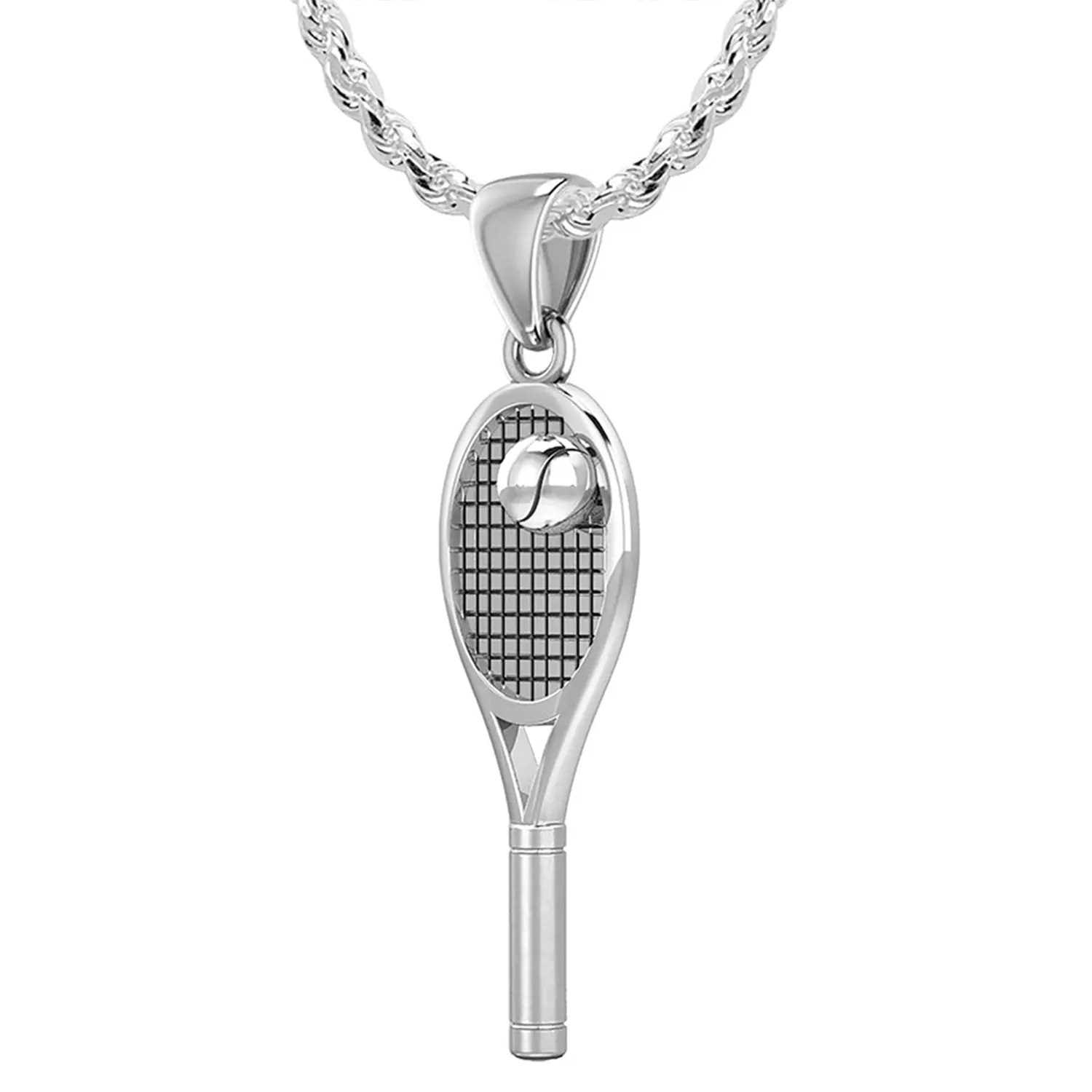 Small 925 Sterling Silver 3D Tennis Racket & Ball Pendant Necklace, 27mm