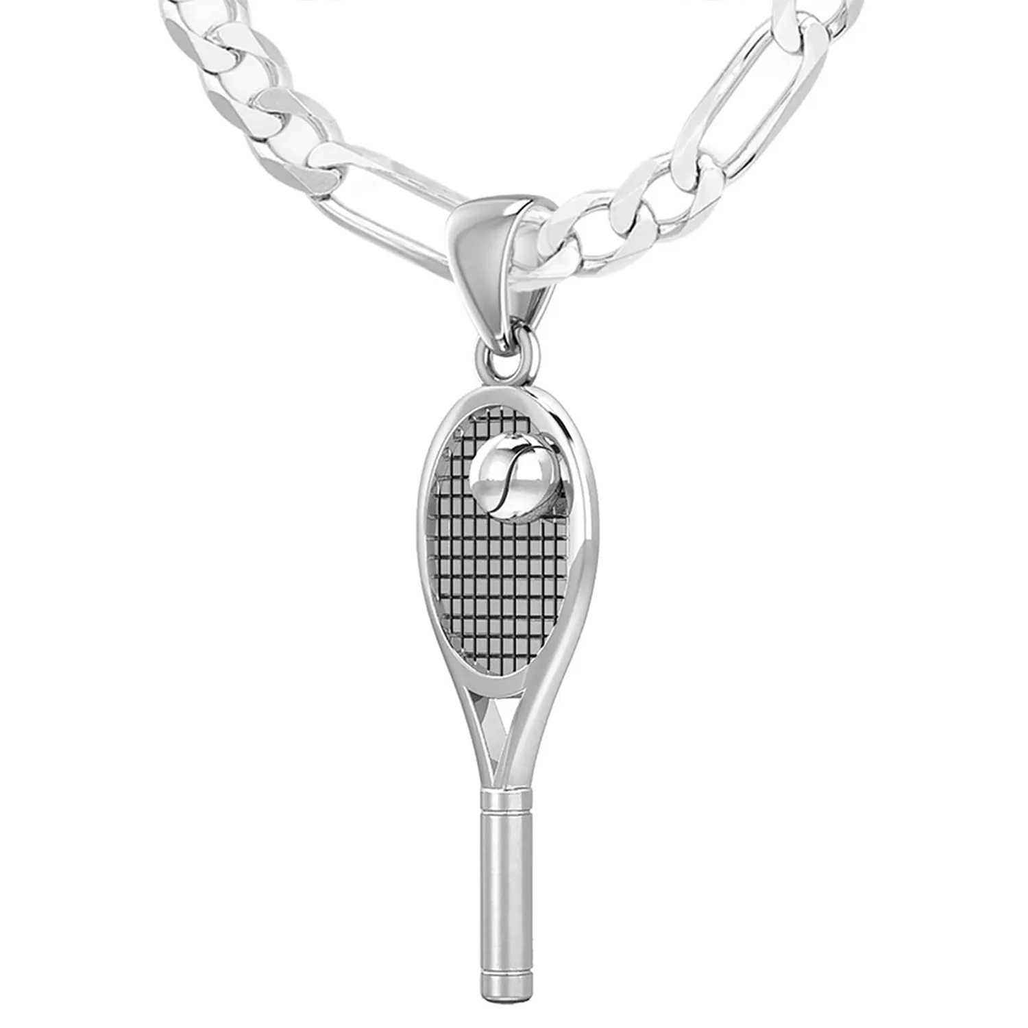 Small 925 Sterling Silver 3D Tennis Racket & Ball Pendant Necklace, 27mm
