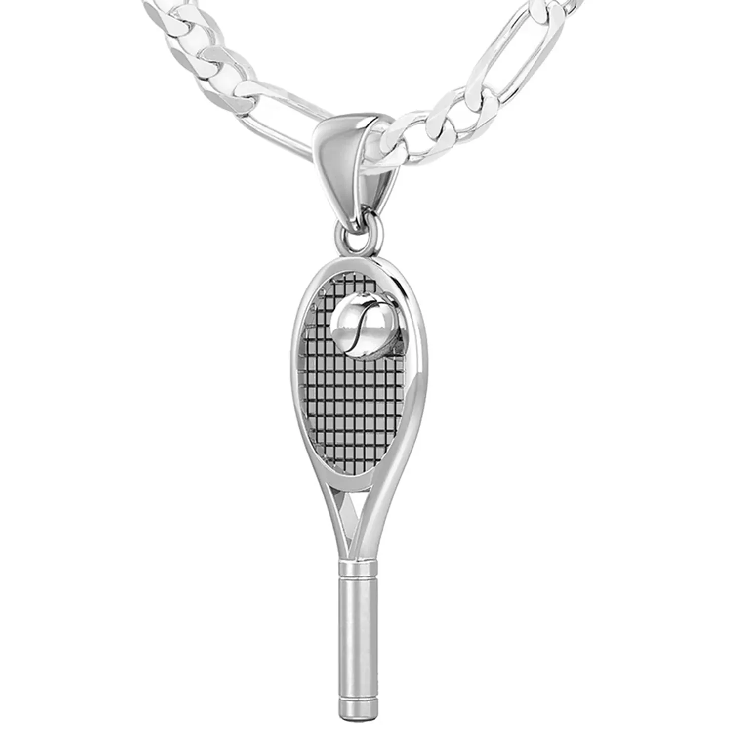 Small 925 Sterling Silver 3D Tennis Racket & Ball Pendant Necklace, 27mm