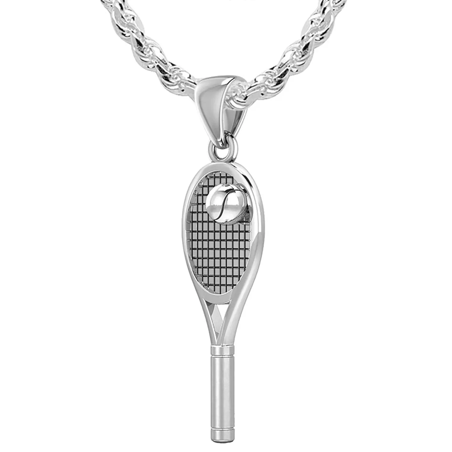 Small 925 Sterling Silver 3D Tennis Racket & Ball Pendant Necklace, 27mm