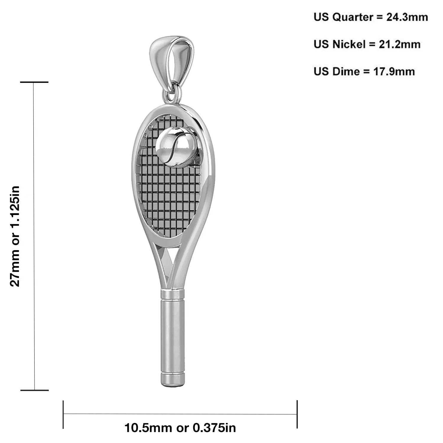 Small 925 Sterling Silver 3D Tennis Racket & Ball Pendant Necklace, 27mm