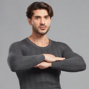 Soft Cotton-Polyester Blend Flare Slim Thermal Vest with a Round Neckline and Full Sleeves - Charcoal