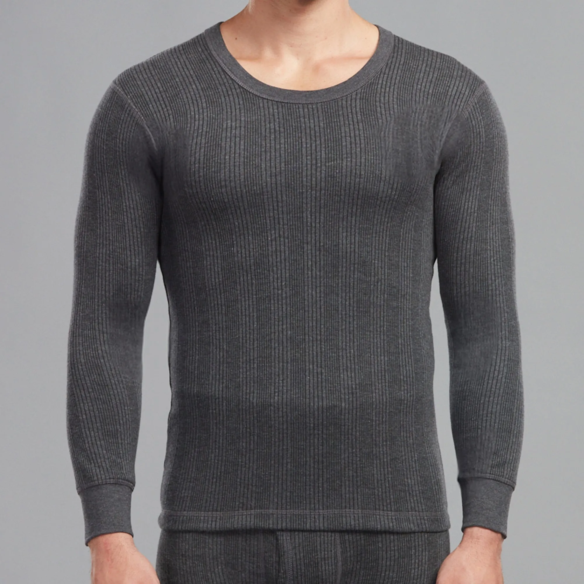 Soft Cotton-Polyester Blend Flare Slim Thermal Vest with a Round Neckline and Full Sleeves - Charcoal