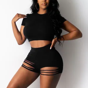 Solid Short Sleeve Cut Out Sports Set