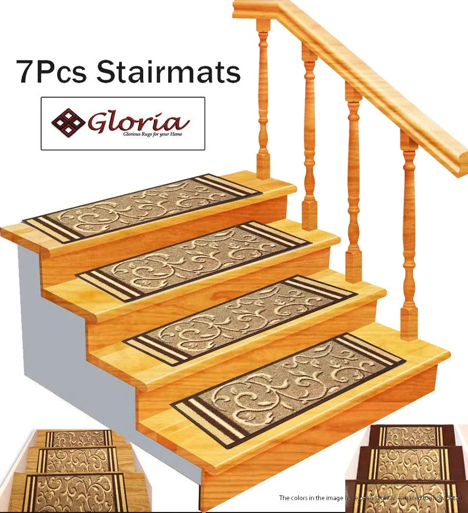 Stair Treads Non Slip - Outdoor Skid Resistant Stair Tread (8.5" x 26") Beautiful Floral Design Stair Mats with Rubber Backing (Beige Floral) Includes 7 pieces
