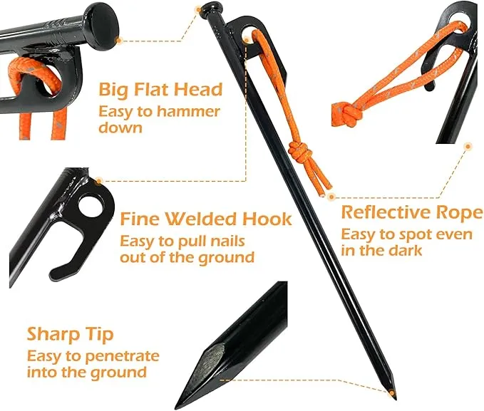 Sutekus Metal Tent Stakes with Reflective Pull Cord Heavy-Duty Forged Steel Tent Pegs Solid Tent Anchors and Camping Spikes for Camping Hiking Outdoors (12"/8PCS)