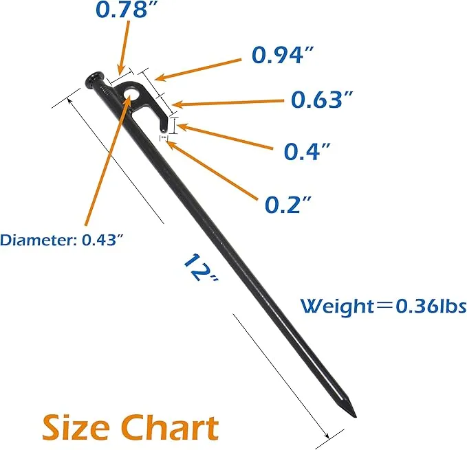 Sutekus Metal Tent Stakes with Reflective Pull Cord Heavy-Duty Forged Steel Tent Pegs Solid Tent Anchors and Camping Spikes for Camping Hiking Outdoors (12"/8PCS)