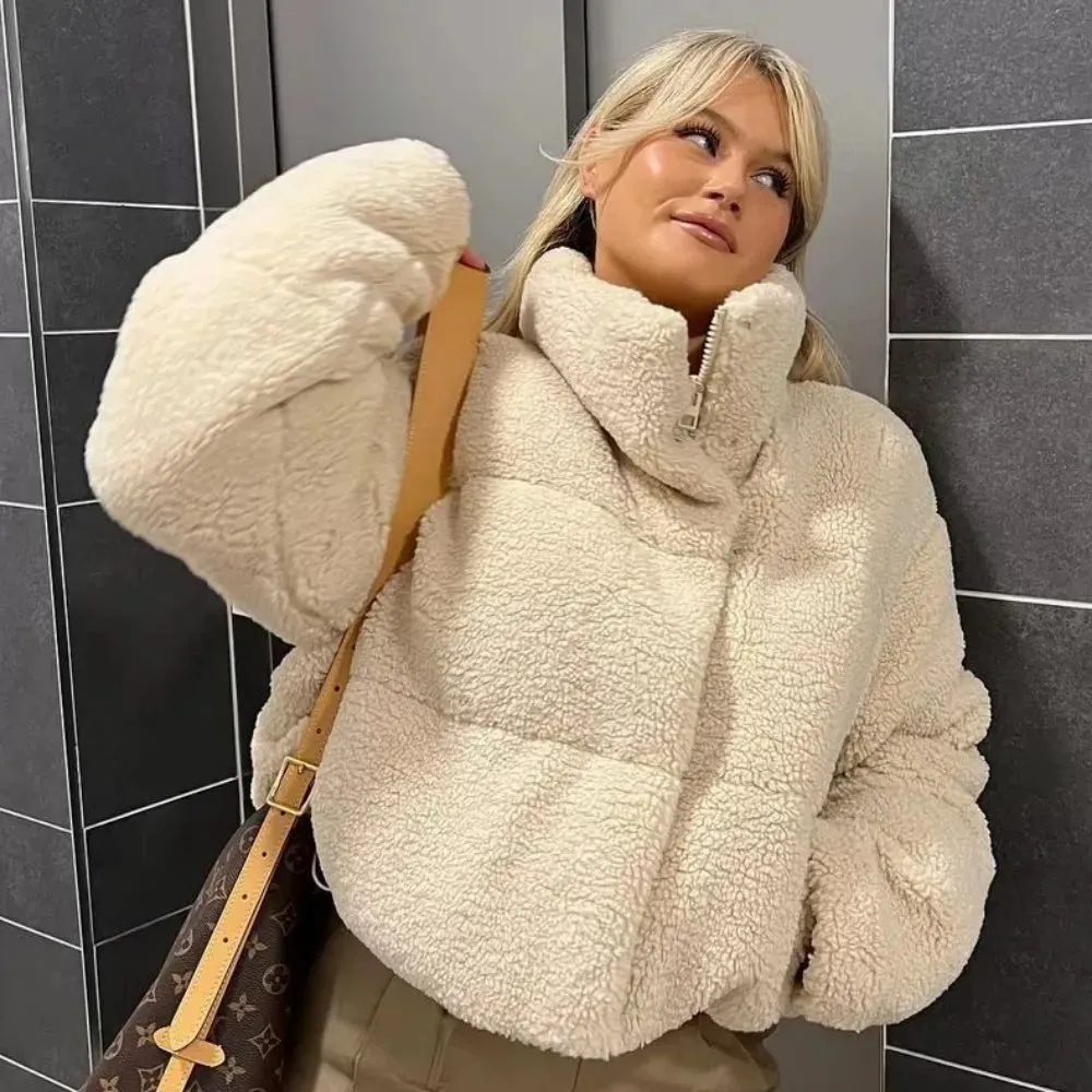 Teddy Puffer Jacket | Polyester | High Collar & Oversized Fit