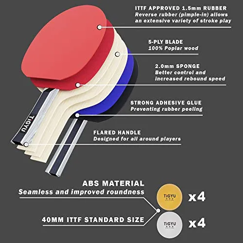 Tigyu Ping Pong Paddle Set of 4 - Table Tennis Paddles - Ping Pong Net for Any Table - Table Tennis Balls - 4 Over Grips - Storage Case