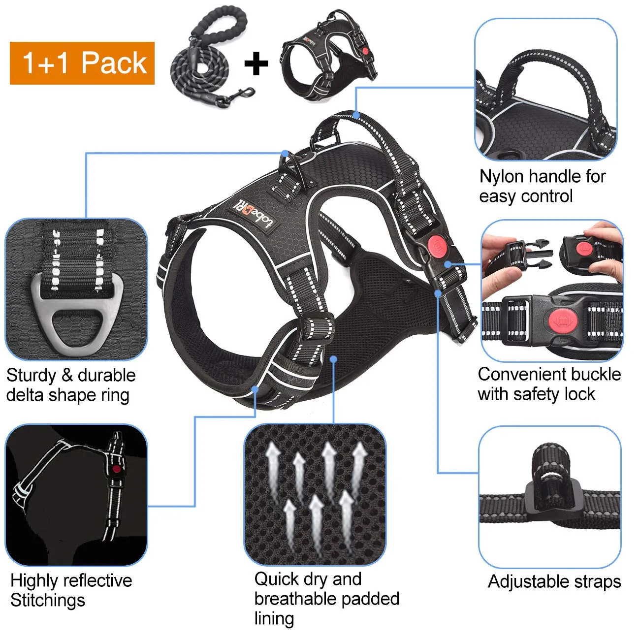 tobeDRI Adjustable No Pull Dog Harness with Reflective & Heavy Duty 5ft Dog Leash - M, Black)
