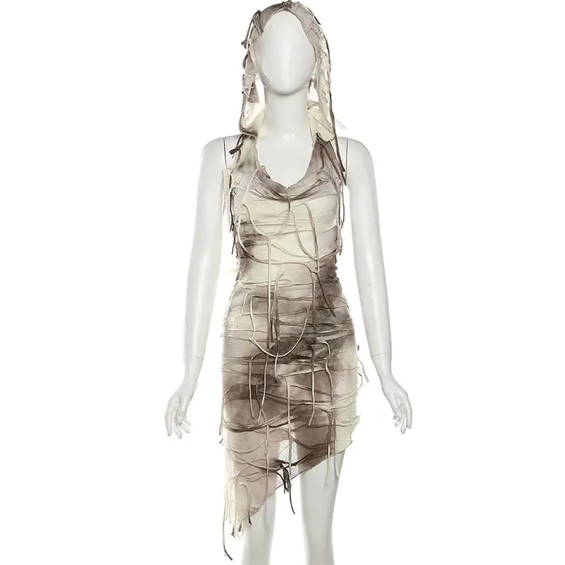 Vintage Tie-Dye Slim Fit Hooded Bodycon with Tassel Mini Dress