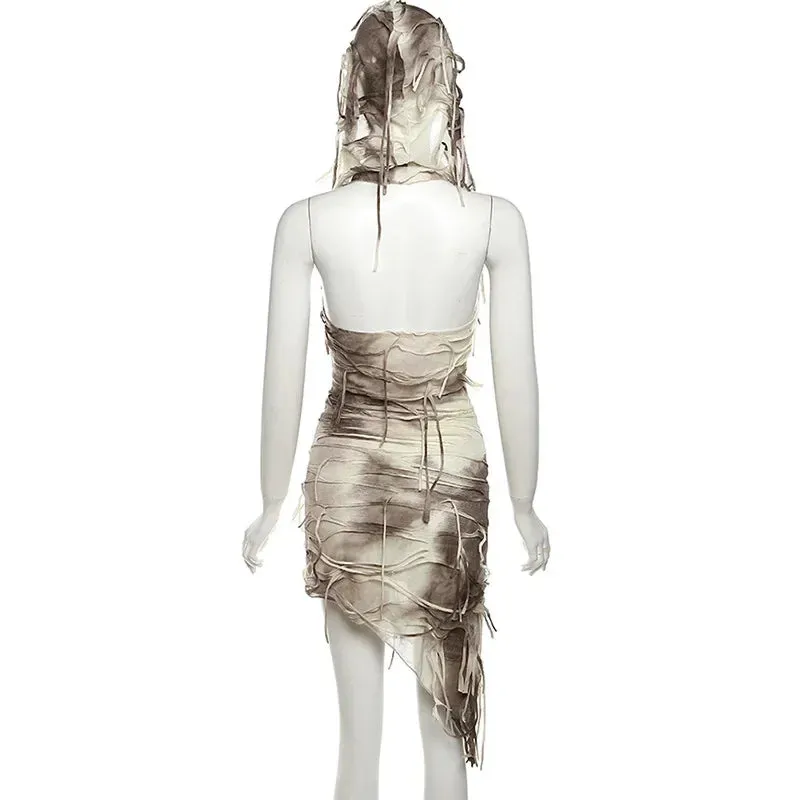 Vintage Tie-Dye Slim Fit Hooded Bodycon with Tassel Mini Dress