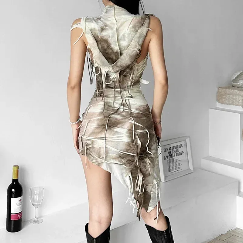Vintage Tie-Dye Slim Fit Hooded Bodycon with Tassel Mini Dress