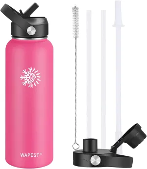 WAPEST Water Bottle with Straw Lid Stainless Steel Vacuum Insulated Double-Wall Water Bottles Smart Big Large Wide Mouth Waterbottle (pink, 32oz) Bottle is Light Pink
