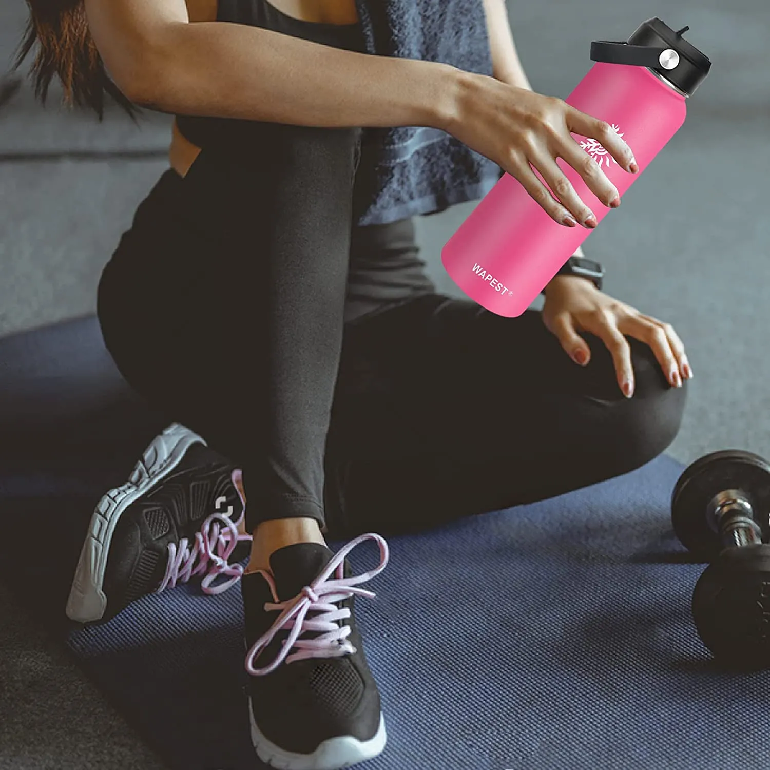 WAPEST Water Bottle with Straw Lid Stainless Steel Vacuum Insulated Double-Wall Water Bottles Smart Big Large Wide Mouth Waterbottle (pink, 32oz) Bottle is Light Pink