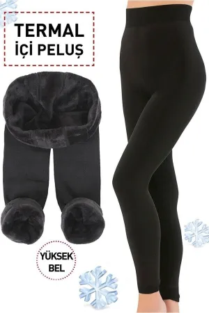 Women's Black Original Plush Winter Gathering Flexible Soft Thermal Leggings