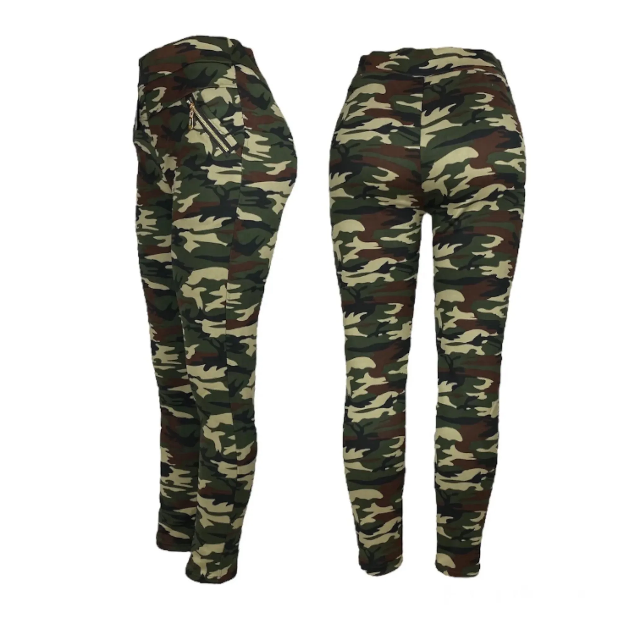 Women's High Waist Thermal Fleece Lined Camouflage Leggings with Zipper Pockets