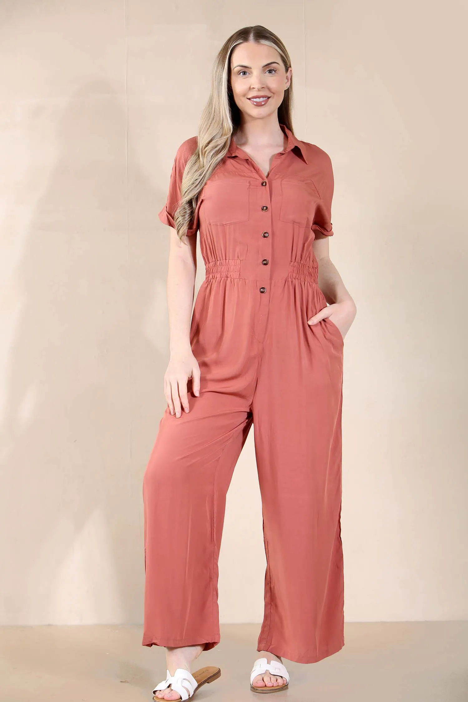 Women's Trendy Partial Button Ruched Thin Waist Pocket Short Sleeve Jumpsuit