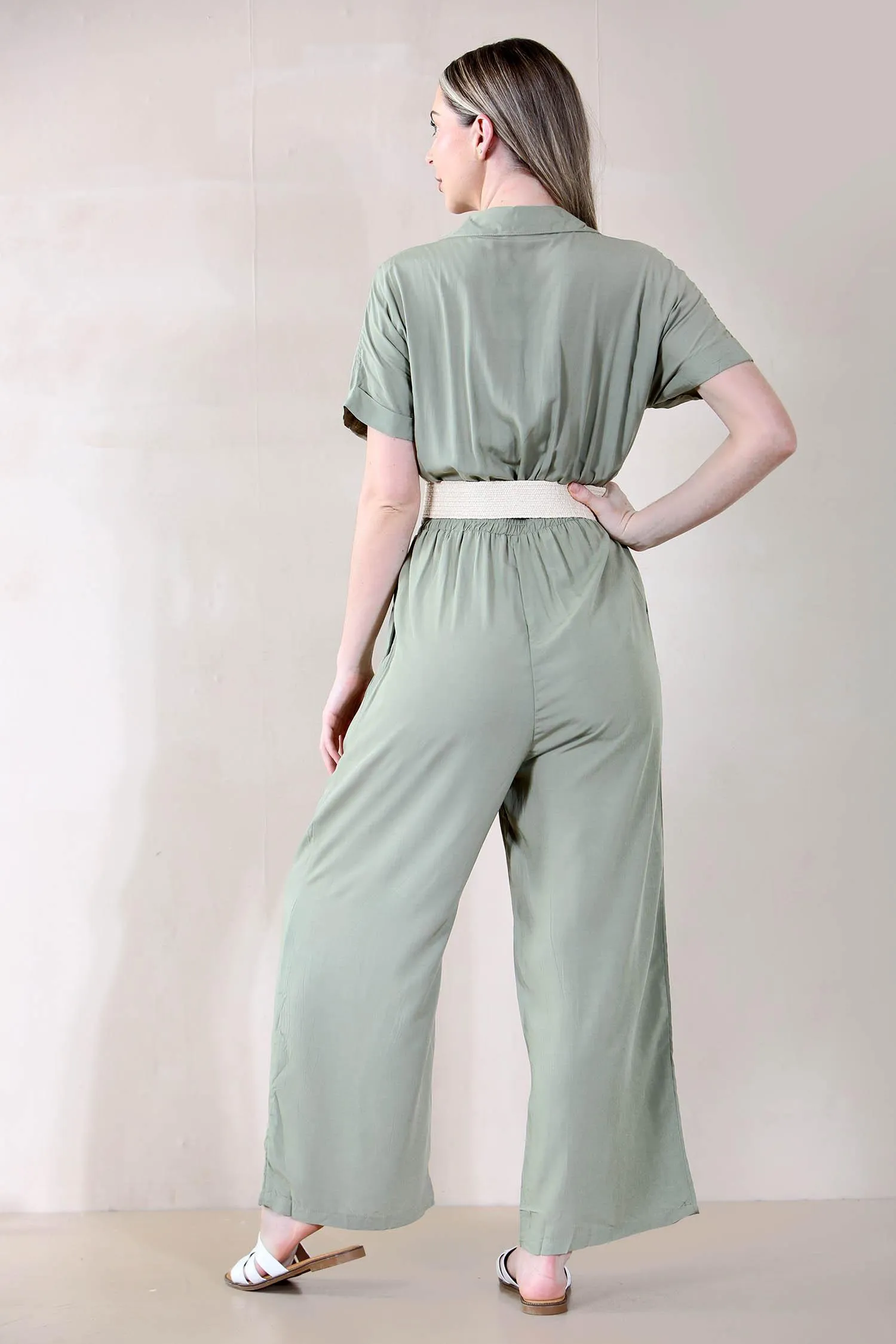 Women's Trendy Partial Button Ruched Thin Waist Pocket Short Sleeve Jumpsuit