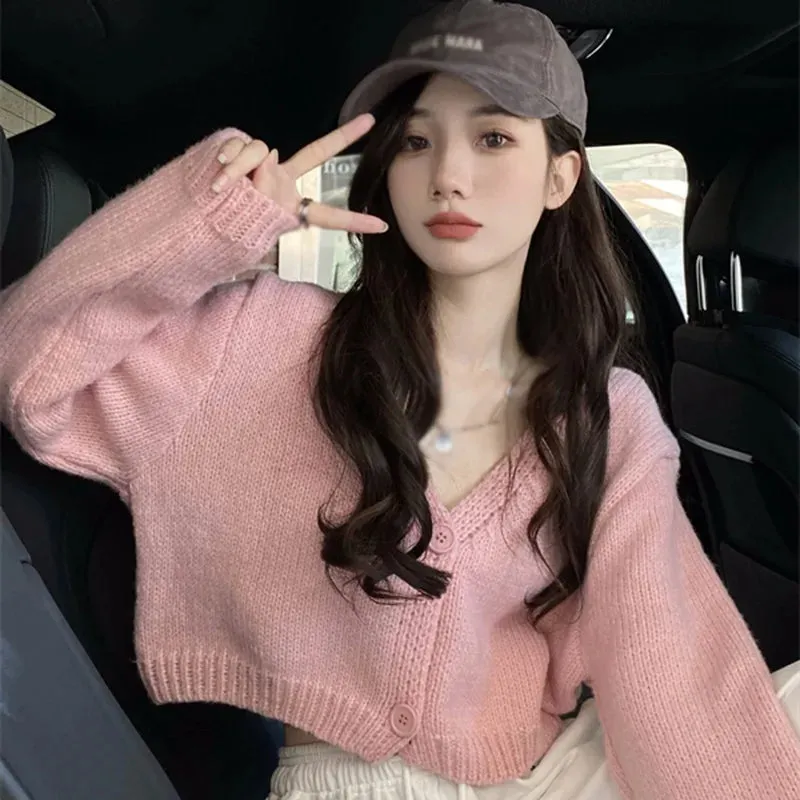 Y2k Women Cardigan Sweater Knitted Cropped Korean Short Long sleeve Crop Top V neck Fashion Clothe