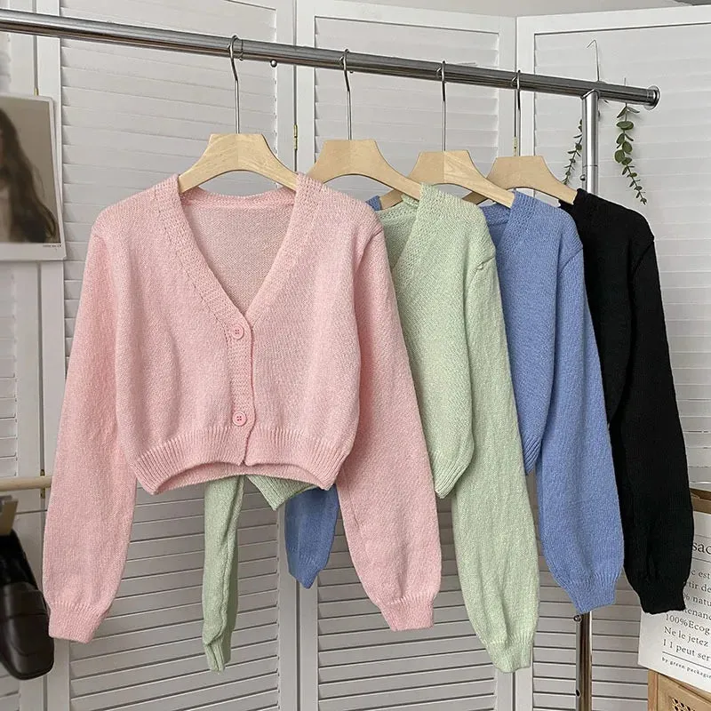 Y2k Women Cardigan Sweater Knitted Cropped Korean Short Long sleeve Crop Top V neck Fashion Clothe