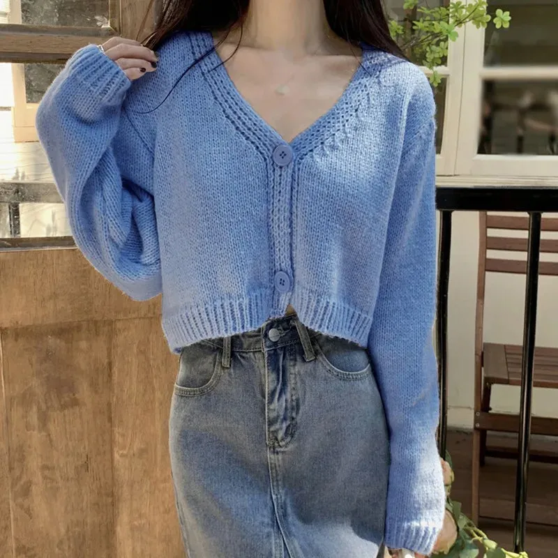Y2k Women Cardigan Sweater Knitted Cropped Korean Short Long sleeve Crop Top V neck Fashion Clothe