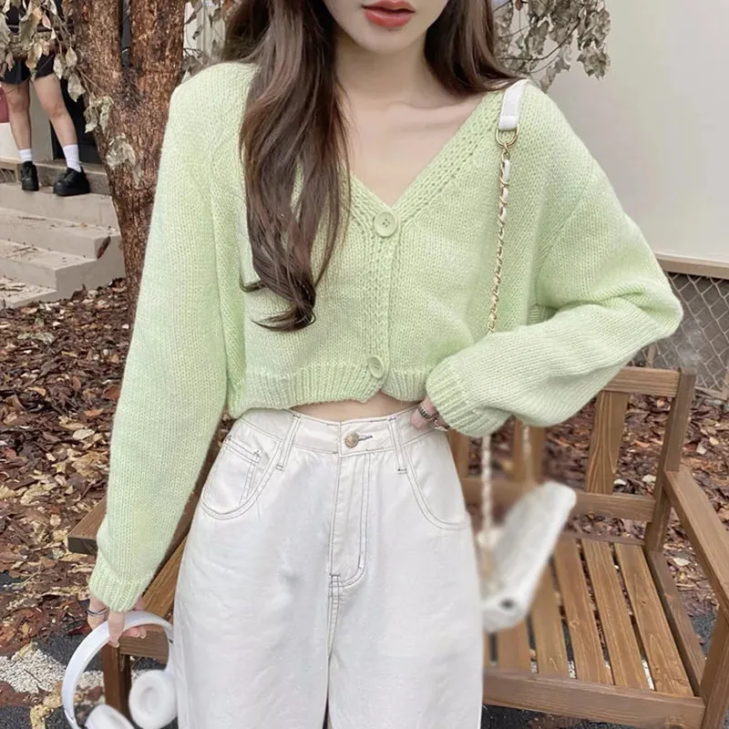 Y2k Women Cardigan Sweater Knitted Cropped Korean Short Long sleeve Crop Top V neck Fashion Clothe