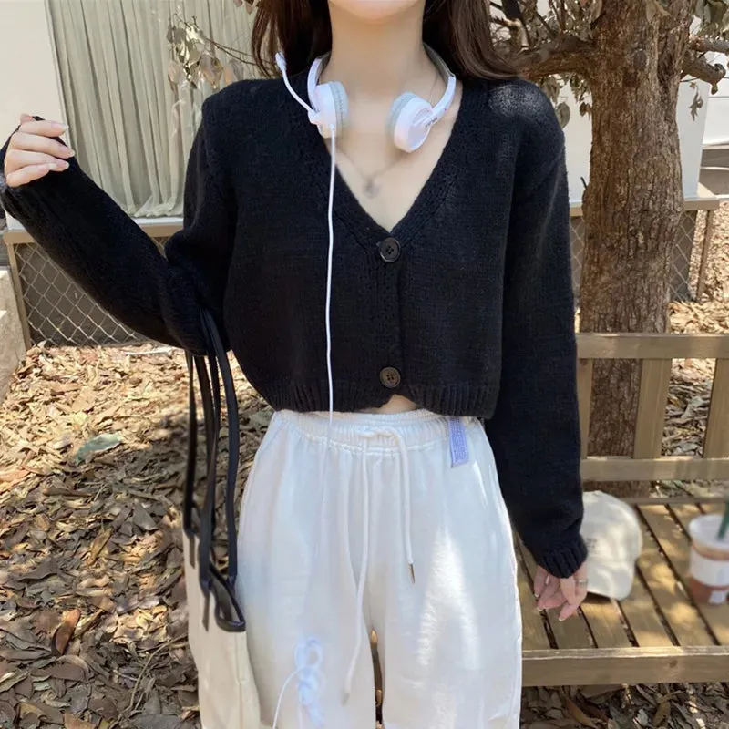 Y2k Women Cardigan Sweater Knitted Cropped Korean Short Long sleeve Crop Top V neck Fashion Clothe