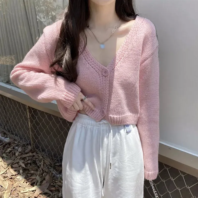 Y2k Women Cardigan Sweater Knitted Cropped Korean Short Long sleeve Crop Top V neck Fashion Clothe