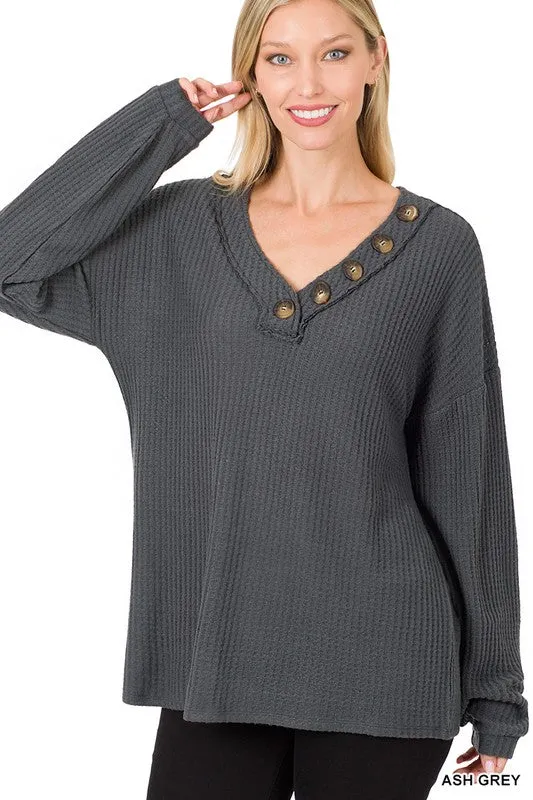 ZENANA Brushed Thermal Waffle Button Detail Sweater