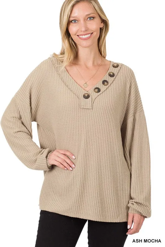 ZENANA Brushed Thermal Waffle Button Detail Sweater
