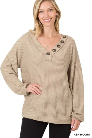 ZENANA Brushed Thermal Waffle Button Detail Sweater