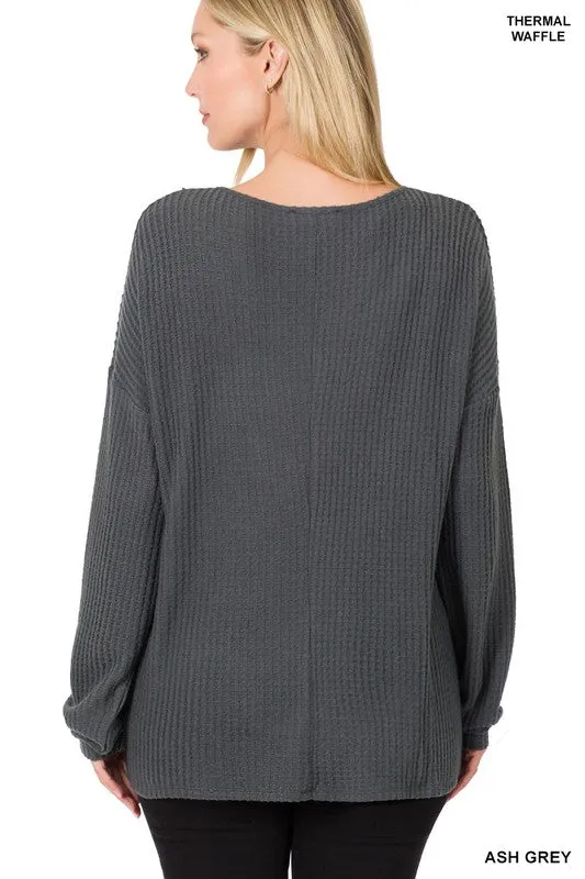 ZENANA Brushed Thermal Waffle Button Detail Sweater