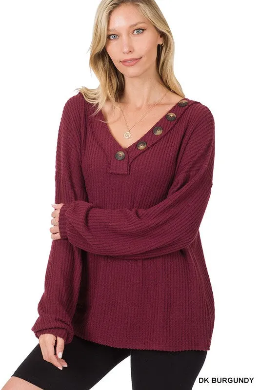 ZENANA Brushed Thermal Waffle Button Detail Sweater