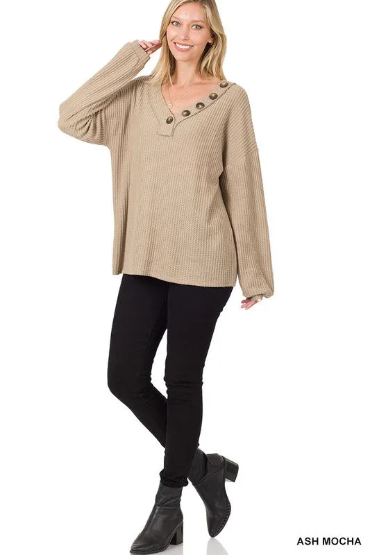 ZENANA Brushed Thermal Waffle Button Detail Sweater