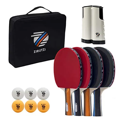 ZIRUTZI Table Tennis Set with Retractable Ping Pong Net ‚ Table Tennis Paddles Set (4 Table Tennis Rackets) - 6 Ping Pong Balls - Premium Carrying Case - Complete Bundle Play Anywhere
